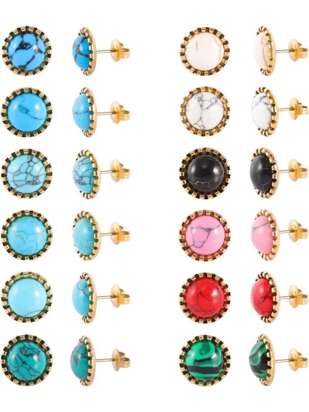 12 Pairs Multi-Gem Turquoise Stud Earrings Set | Stainless Steel Jewelry for